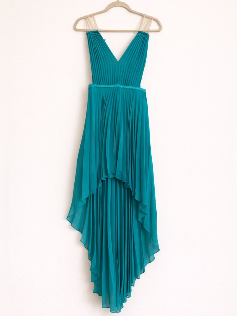 Bebe Teal Pleated High-Low Dress w/ Mesh Side Panels – Size 2